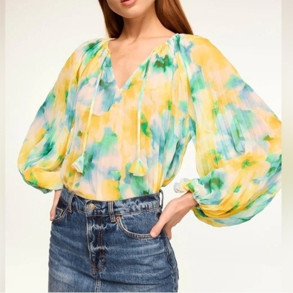 MISA Los Angeles Rina XS Floral Pleated Blouse‎ citron Watercolor Chiffon